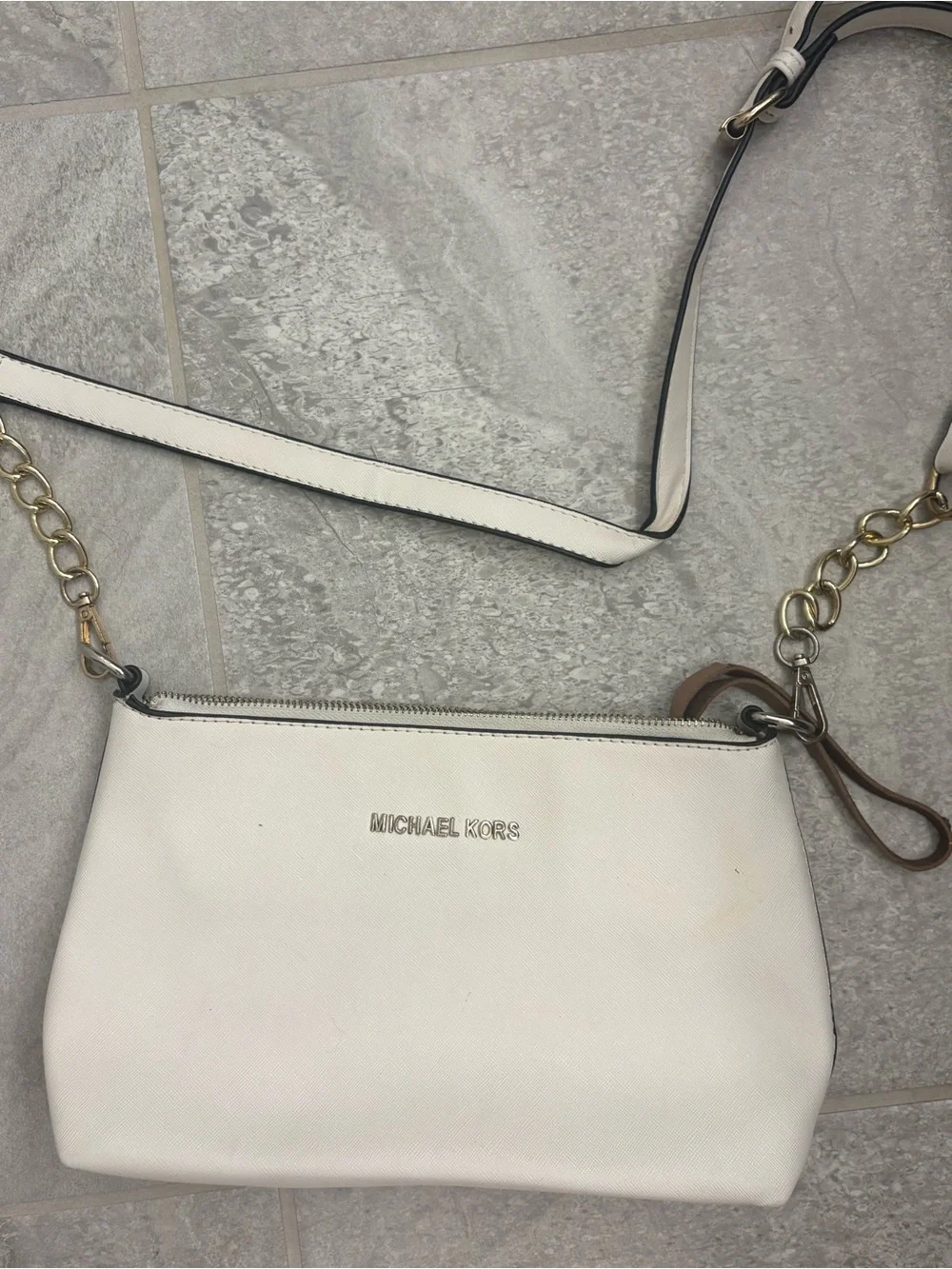 Michael Kors White Leather Crossbody with Gold Chain Accents